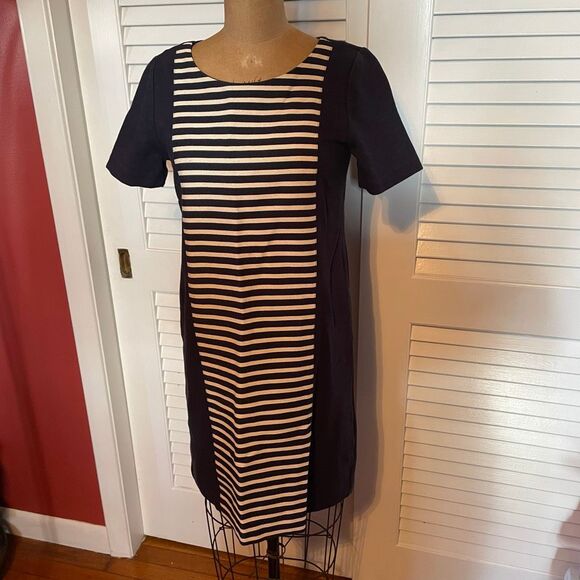 J CREW | navy cream stripe front midi dress 2 - Picture 1 of 8